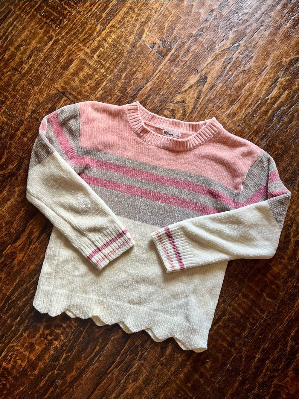 Epic Threads Pink, Cream & Gray Striped Crewneck Sweater Women’s XS Junior’s XL